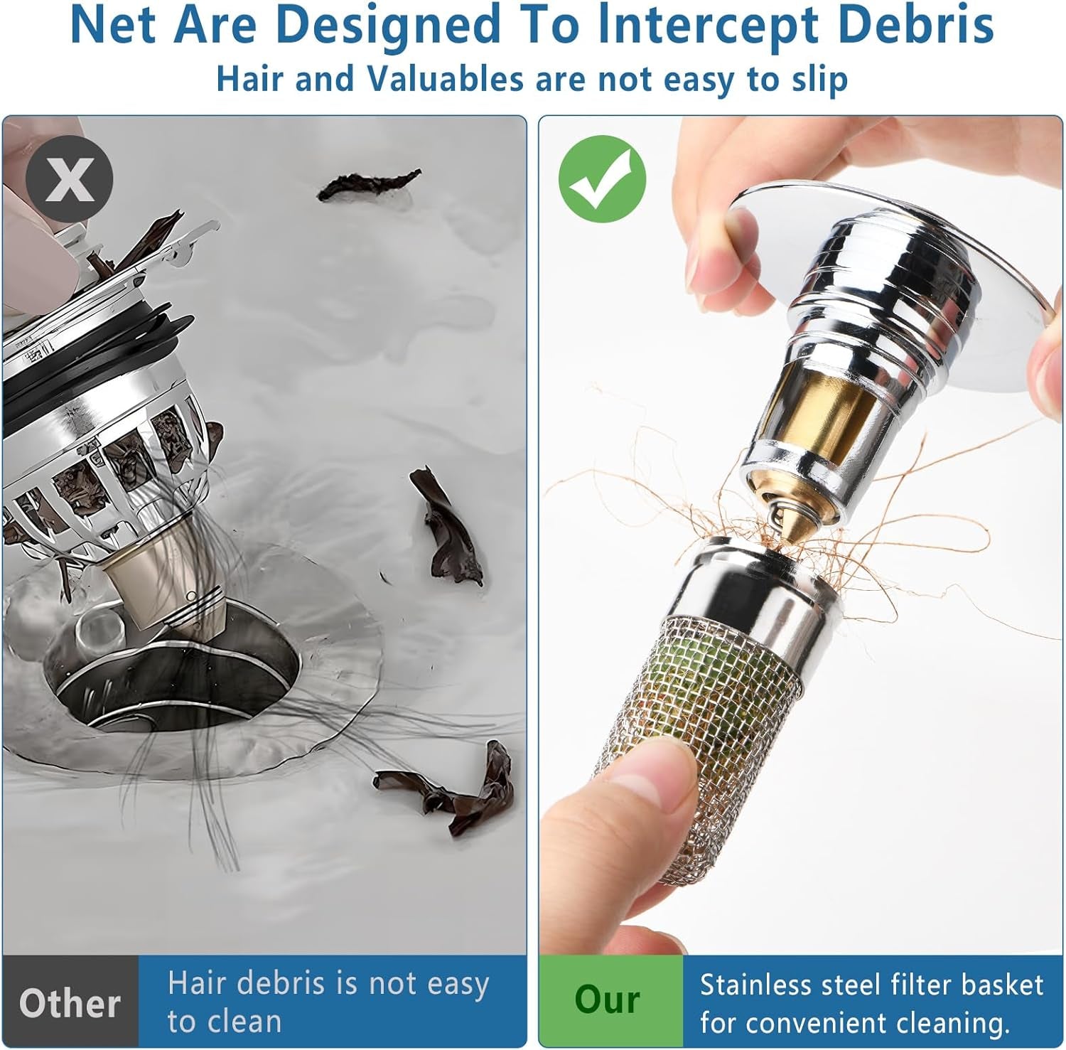 Upgrade Your Bathroom with Our 2Pcs Removable Stainless Steel Drain Strainer & Stopper - Perfect for Universal Sinks!