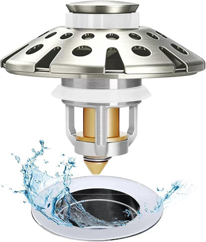 Revolutionary 3-in-1 Pop-Up Bathroom Sink Stopper with Hair Catcher - Brushed Nickel Finish, Perfect Fit for Standard Drains