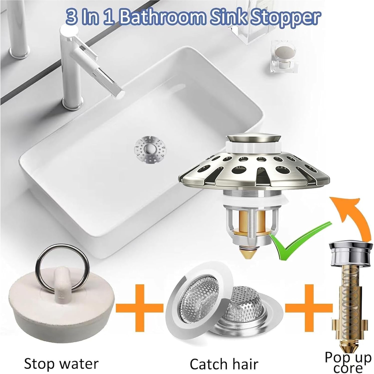 Revolutionary 3-in-1 Pop-Up Bathroom Sink Stopper with Hair Catcher - Brushed Nickel Finish, Perfect Fit for Standard Drains