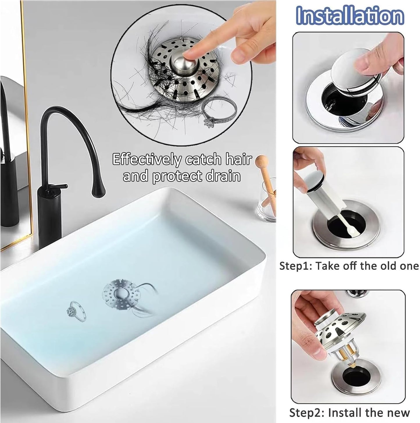 Revolutionary 3-in-1 Pop-Up Bathroom Sink Stopper with Hair Catcher - Brushed Nickel Finish, Perfect Fit for Standard Drains