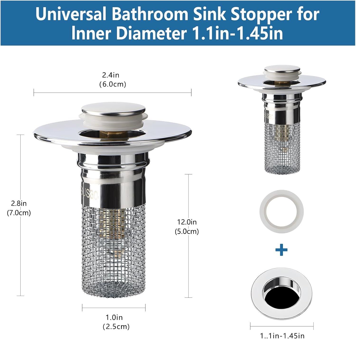 Upgrade Your Bathroom with Our 2Pcs Removable Stainless Steel Drain Strainer & Stopper - Perfect for Universal Sinks!